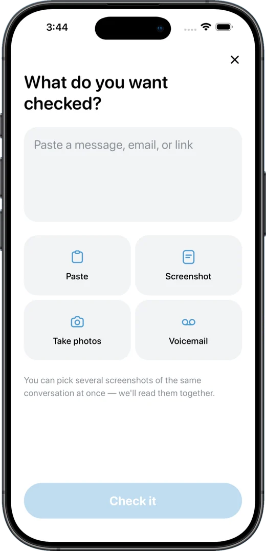 Choose what to check: paste, screenshot, photos or voicemail