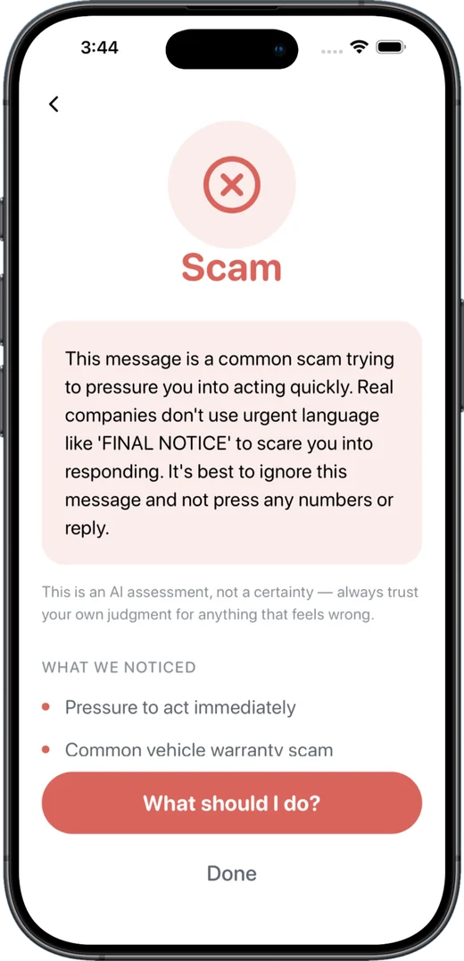 A Scam verdict with the reasons it was flagged